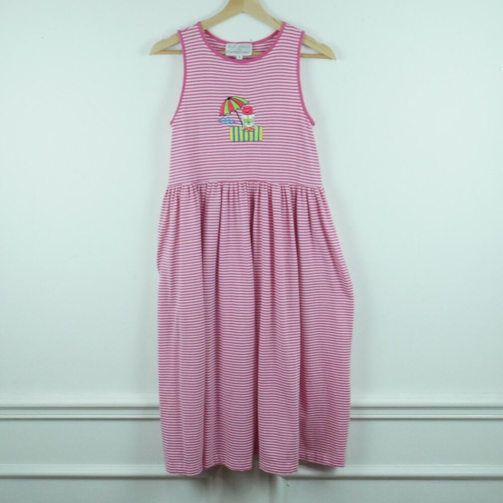 Vintage‎ XS S Dress Beach Resort Pink Stripe Preppy Midi 90s Embroidered Quirky